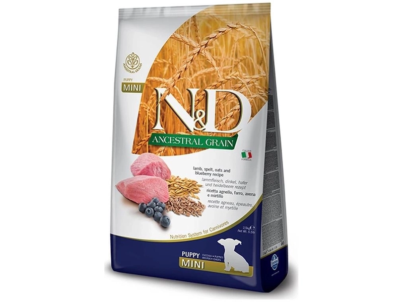 N&D Dog Ancestral Grain с ягненком и черникой низкозерновой сухой корм для щенков мелких пород 0,8кг