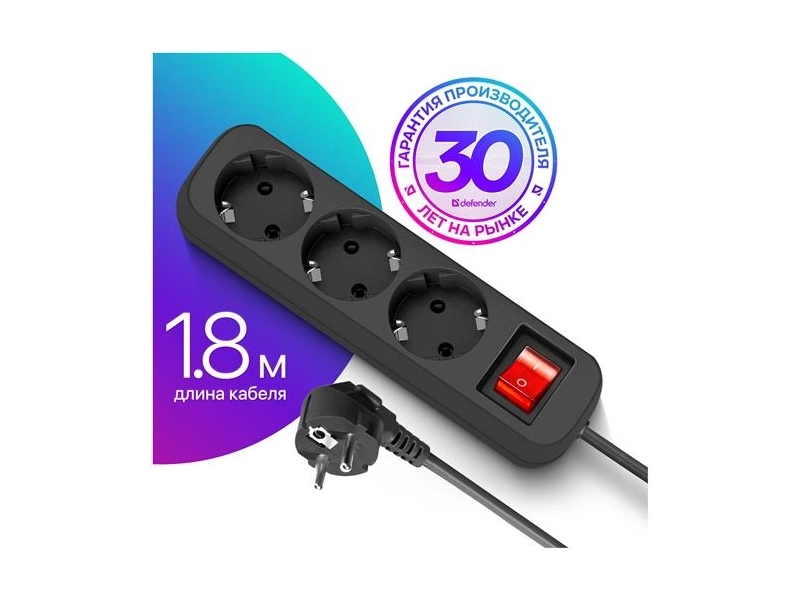 Удлинитель Defender G318 3 Sockets 1.8m Black 99333