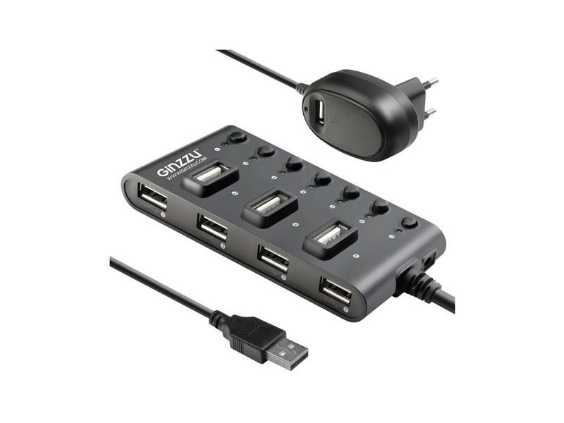 Разветвитель USB GINZZU GR-487UAB (7 портов USB 2.0 + адаптер) черный