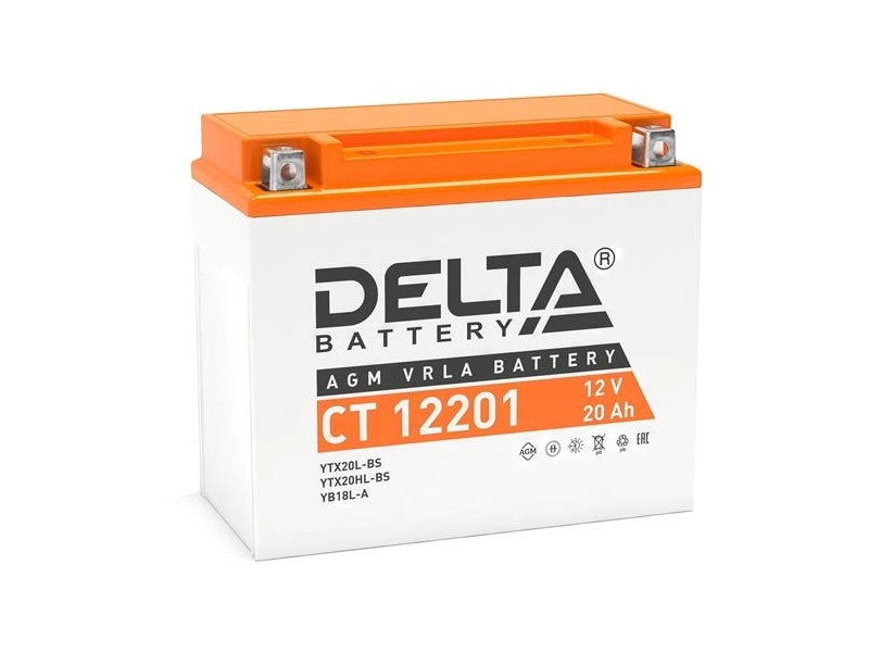 Аккумулятор для мототехники Delta CT 12201 (12V / 20Ah) (YB18L-A, YB16L-B,YTX20HL-BS, YTX20L-BS)