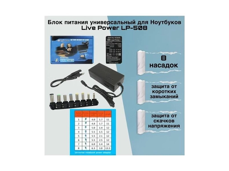 Блок питания для ноутбука Live-Power LP508 12V-24V / 4A, 150w, штекер 5,5*2,5 + 8 Насадок