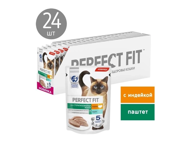 PERFECT FIT для взрослых кастрированных котов и стерилизованных кошек паштет с индейкой (75 гр х 24 шт)