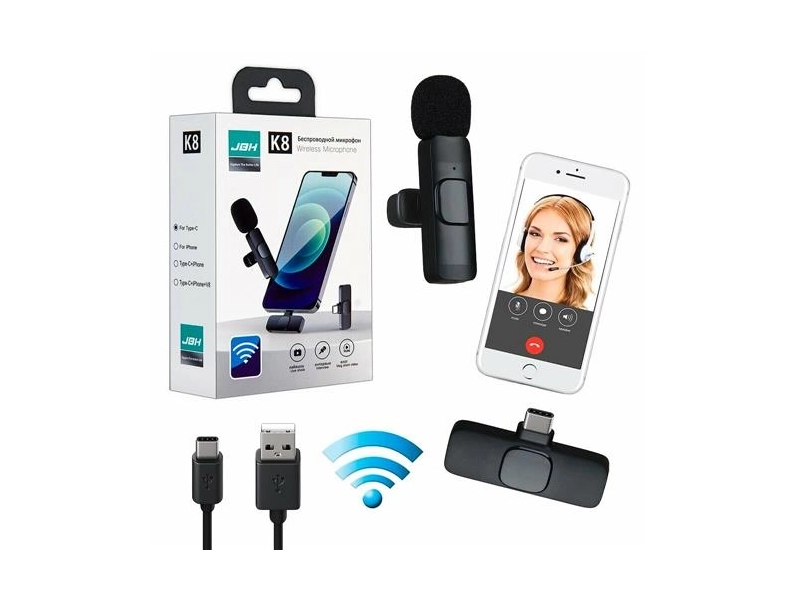 Беспроводной петличный микрофон JBH K8 с шумоподавлением для телефона, планшета, ноутбука, камеры / штекер Type-C / черный