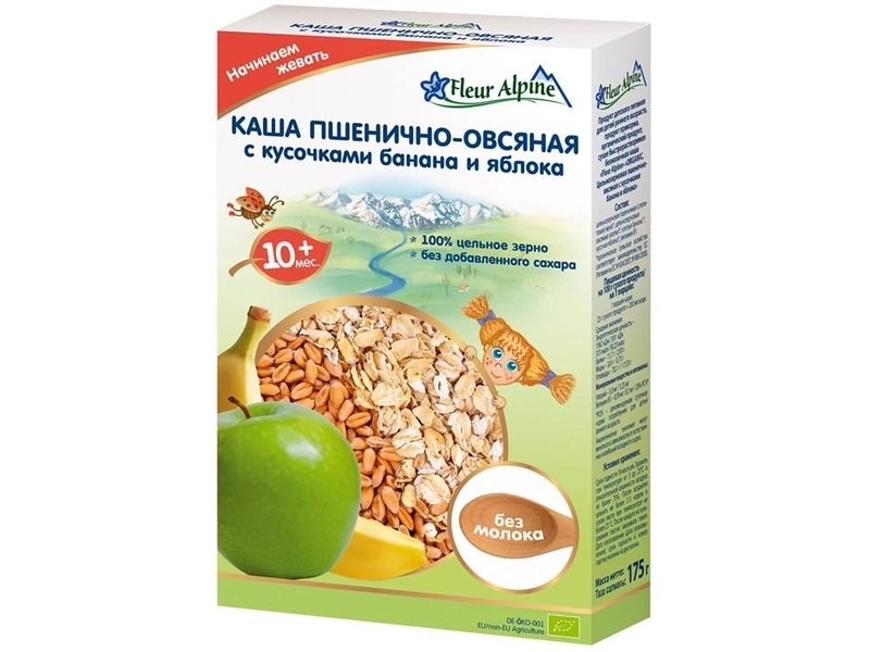 Каша Fleur Alpine ORGANIC безмолочная пшенично-овсяная с кусочками банана и яблока (с 10 месяцев) 175 г