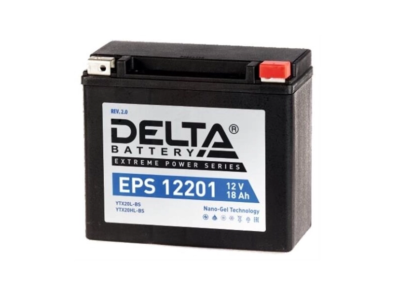 Аккумулятор для мотоцикла и скутера Delta EPS 12201 MF 12V 18 А/ч 310 A обр. пол. с/зар. с эл. YTX20L-BS (177x88x154) YTX20HL-BS AGM