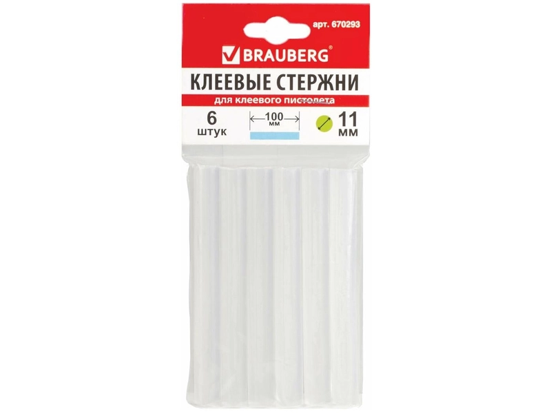 Клеевые стержни для клеевого пистолета, диаметр 11 мм, длина 100 мм, белые, комплект 6 штук, Brauberg, 670298