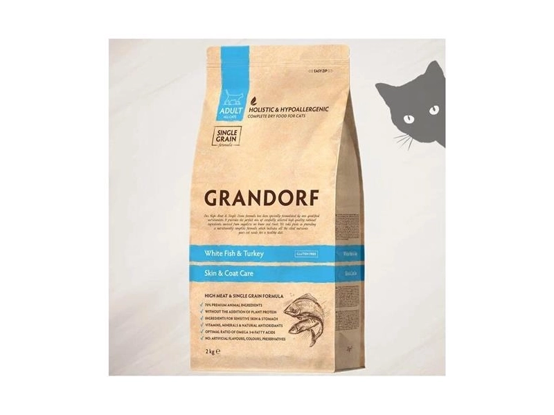 GRANDORF SINGLE GRAIN CAT ADULT SKIN & COAT CARE WHITE FISH & TURKEY низкозерновой для взрослых кошек с чувствительной кожей и шерстью с белой рыбой и индейкой (0,4 кг)