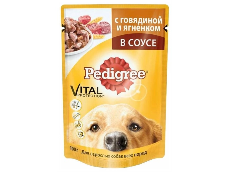 Влажный корм Pedigree для взрослых собак всех пород, с говядиной и ягненком в соусе, 85г х 28шт