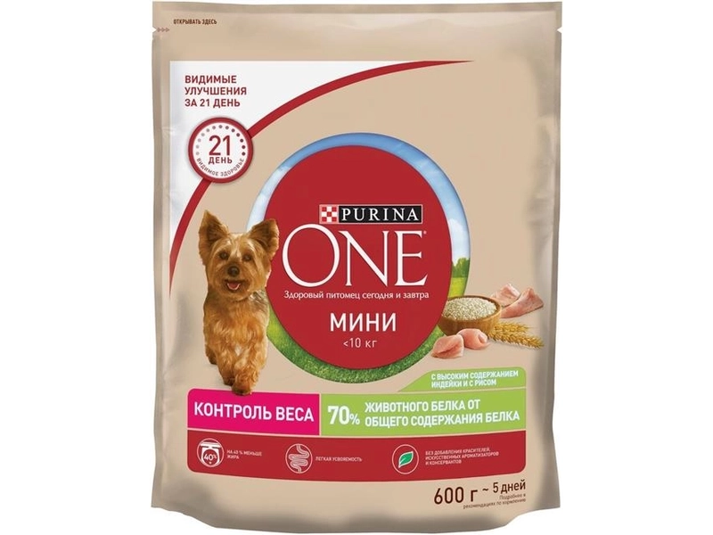 Сухой корм для собак Purina ONE Mini для мелких пород при склоннности к набору веса с индейкой 600 г