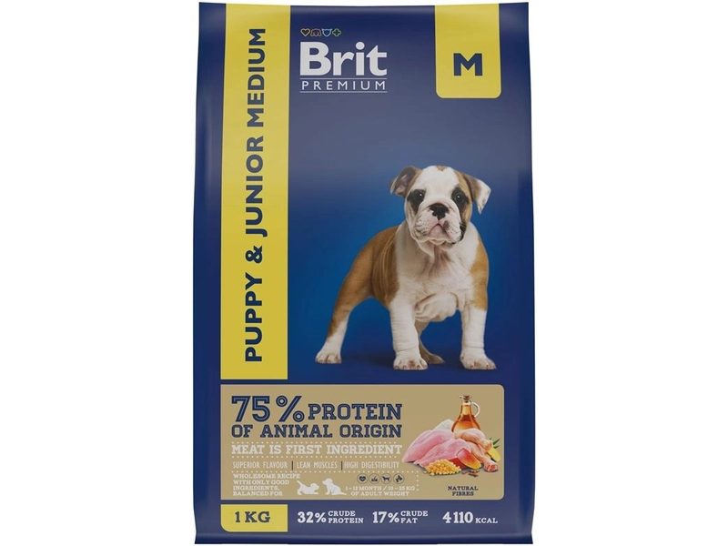 Сухой корм для щенков и молодых собак Brit Premium Puppy and Junior Medium с курицей 1 кг (для средних пород)