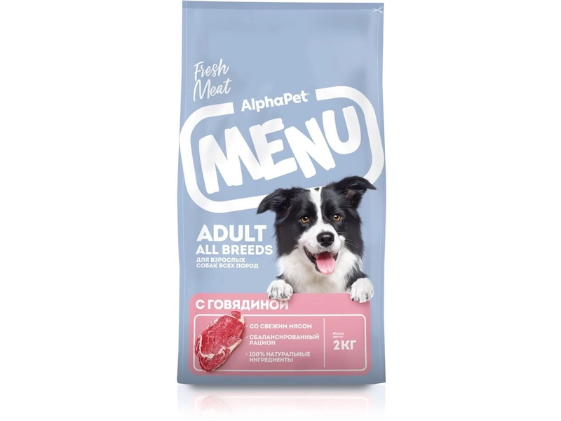 Сухой полнорационный корм с говядиной для взрослых собак всех пород AlphaPet Menu 2кг