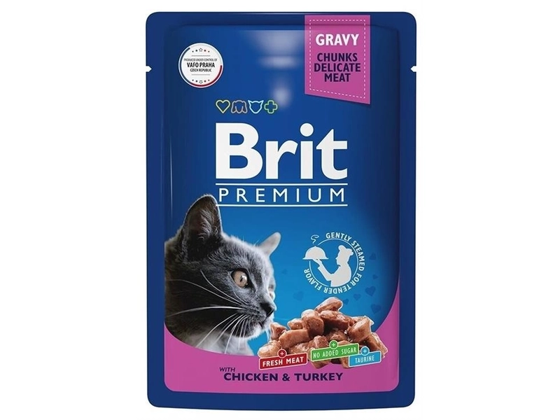 Пауч Brit Premium Цыпленок и Индейка в соусе для взрослых кошек, 14 шт х 85 гр