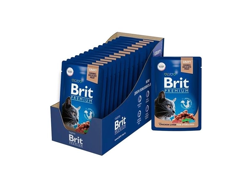 Пауч Brit Premium Куриная печень в соусе для взрослых стерлизованных кошек, 14 шт х 85 гр