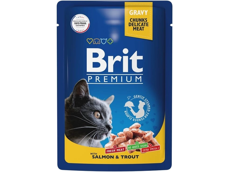 Влажный корм для кошек Brit Premium, беззерновой, с лососем, с форелью 14 шт. х 85 г (кусочки в соусе)