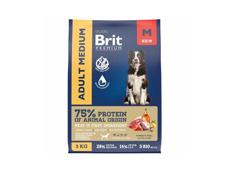 Корм Brit Premium Dog Adult Medium для собак средних пород с индейкой и телятиной 3 кг