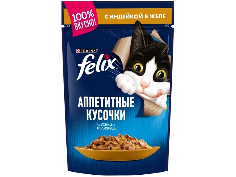 Влажный корм Felix Аппетитные кусочки для взрослых кошек, с индейкой в желе 75 г х 26