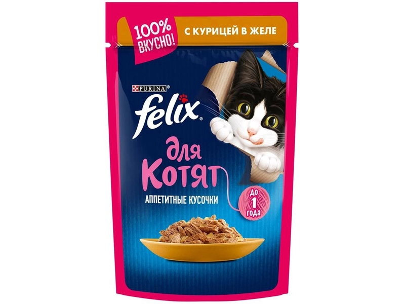 Felix влажный корм для котят Аппетитные кусочки, с курицей в желе (26шт в уп) 75 гр