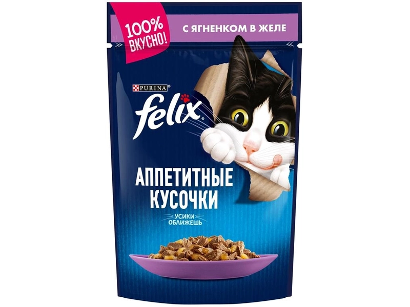 Влажный корм Felix Аппетитные кусочки для взрослых кошек, с ягненком в желе 75 г х 26