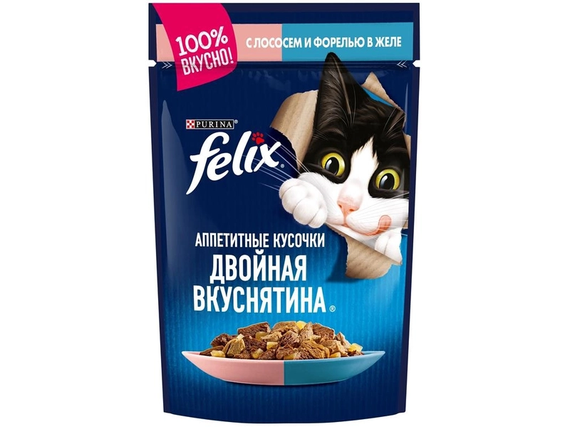 Влажный корм Felix Аппетитные кусочки, Двойная Вкуснятина для взрослых кошек, с лососем и форелью, в желе 75 г х 26