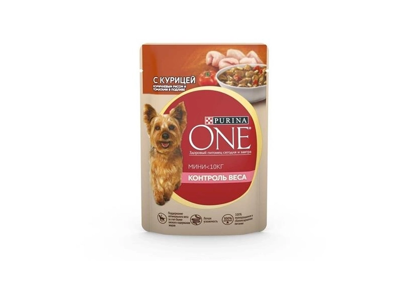 Влажный корм Purina ONE® Мини Контроль веса для взрослых собак мелких пород, с курицей, коричневым рисом и томатами в подливе, Пауч, 26х85г